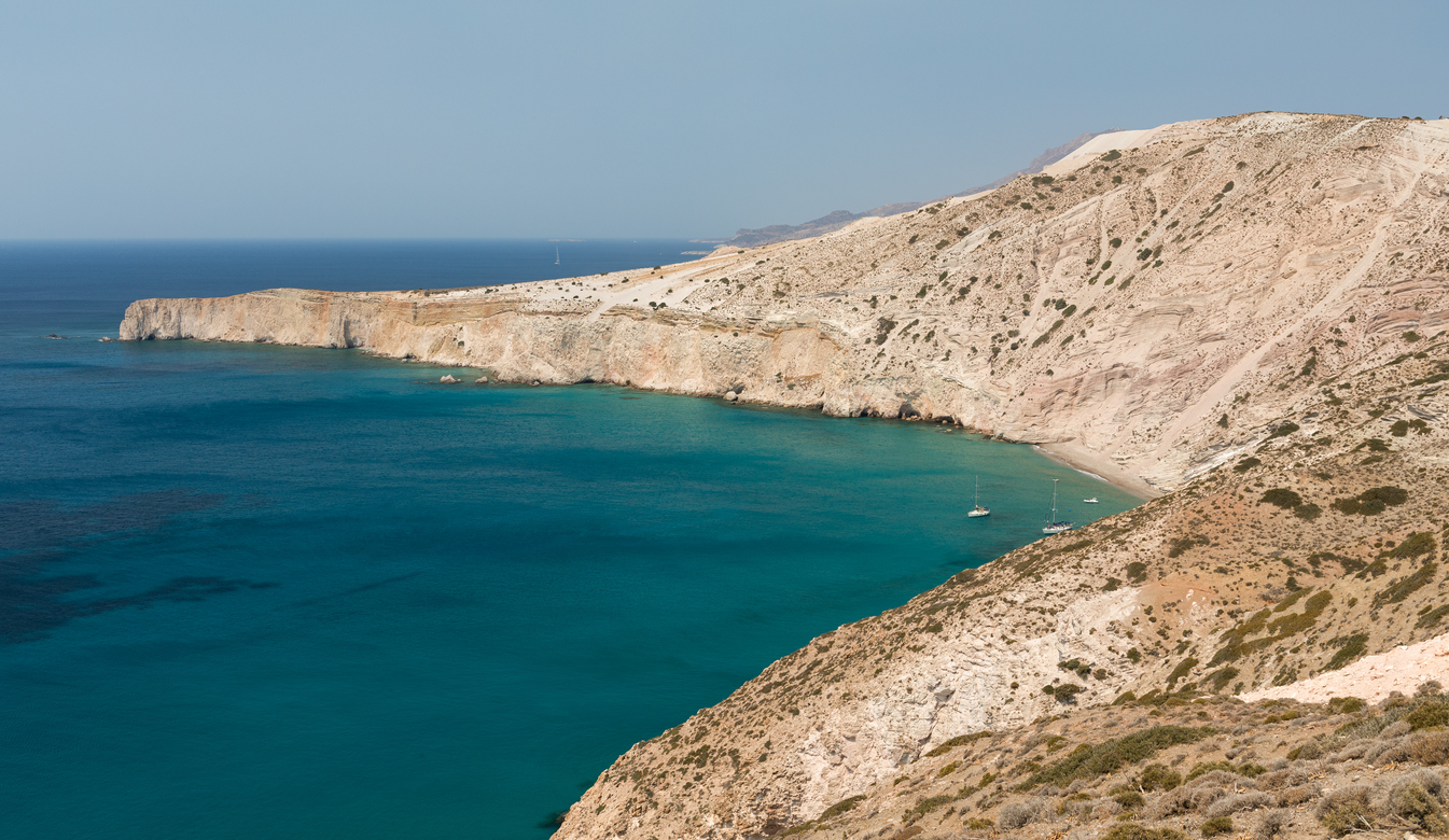 View of the remote Gerakas beach in Milos island, Cyclades, Greece.
